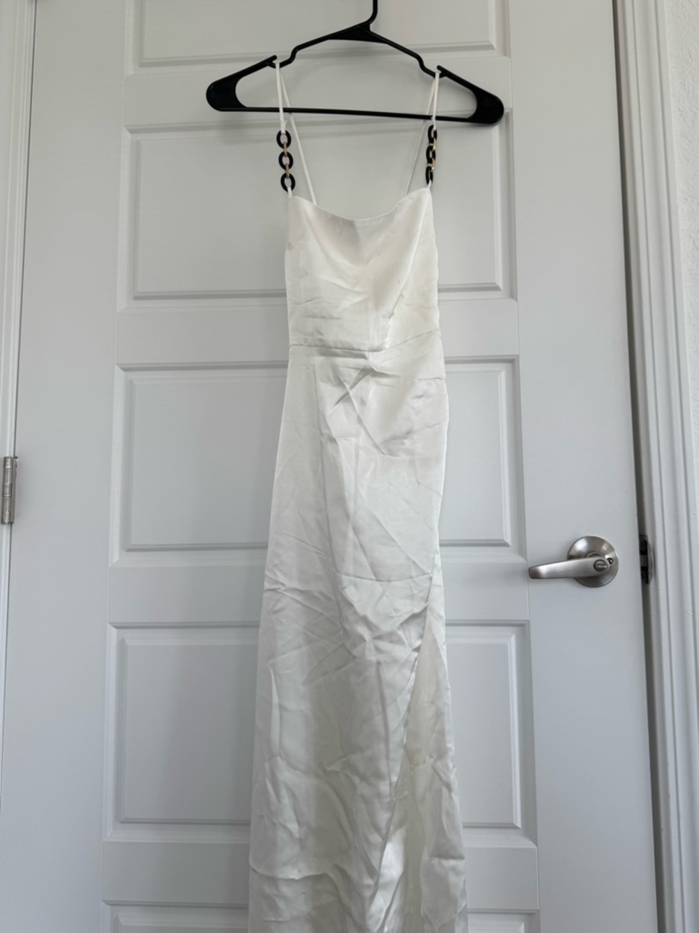 Zara Ivory Satin Maxi Slip Dress with Chain-Link Straps